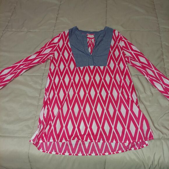 J Crew Women's White and Pink Blouse Tunic Denim and Cotton - Picture 1 of 5